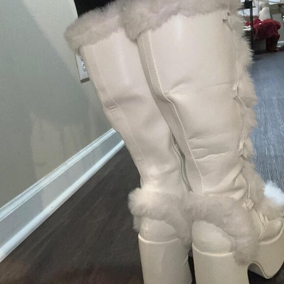🆕Womens White Synthetic Mid Calf Lace Up Chunky High Heel Warm Fur Snow Boots - Picture 3 of 11
